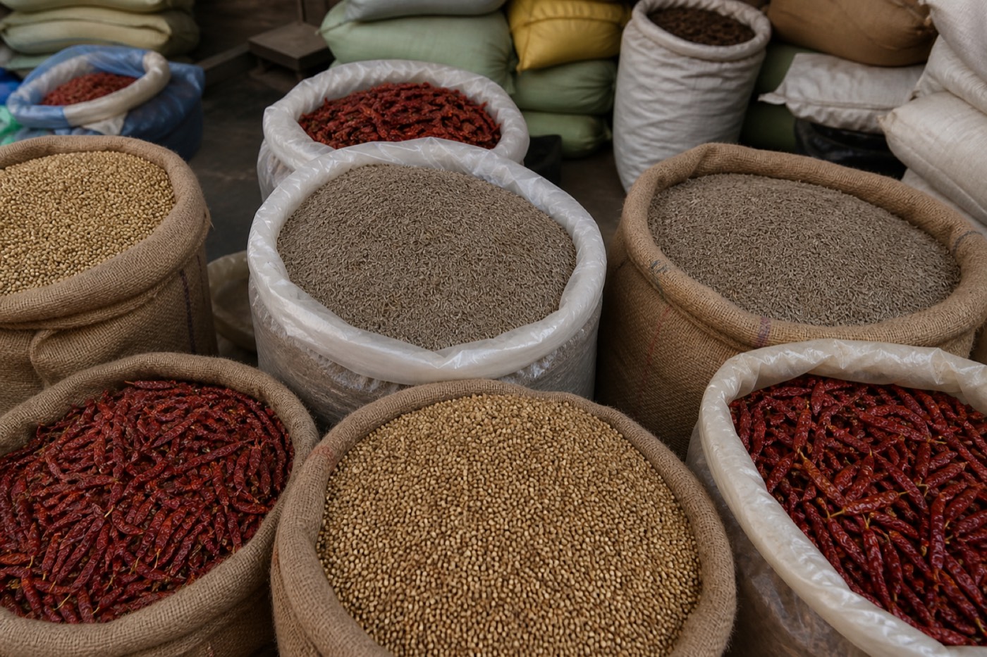Wholesale jute sacks of whole spices in a warehouse