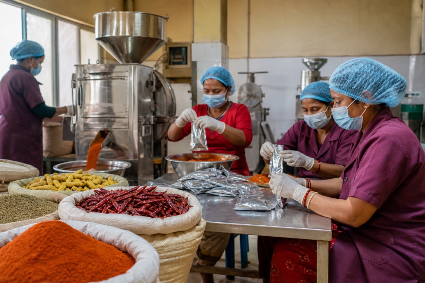 Spice grinding and packing at Masala Factory in Biratnagar