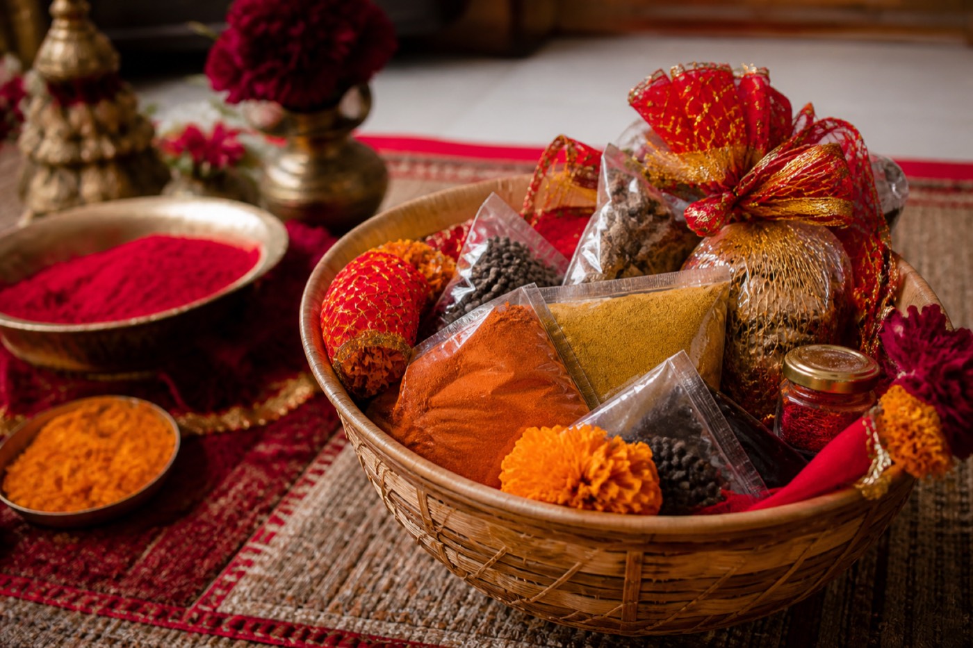 Festive Dashain gift basket with spice packets and marigolds