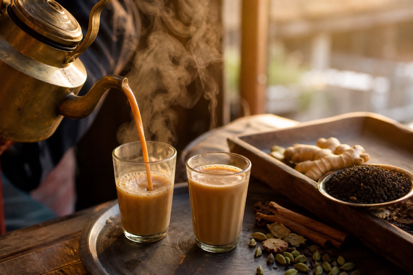 Masala chai being poured with whole spices on a tray