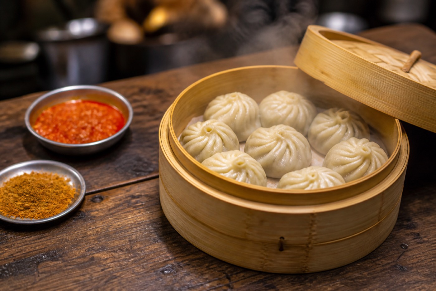 Steaming momo dumplings with chutney and masala