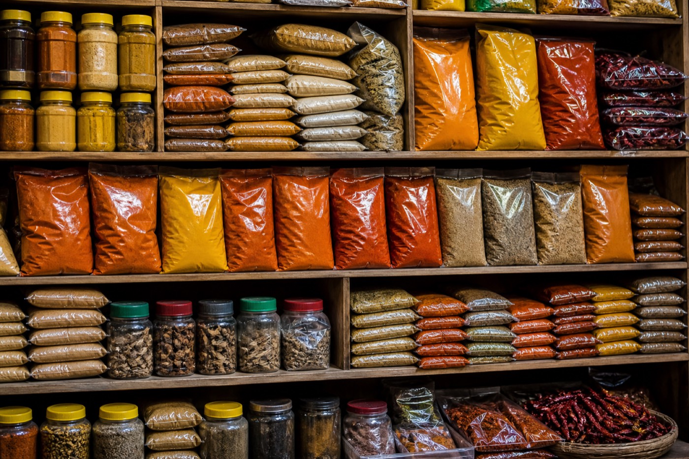 Masala packets on shelves in a Nepali kirana shop